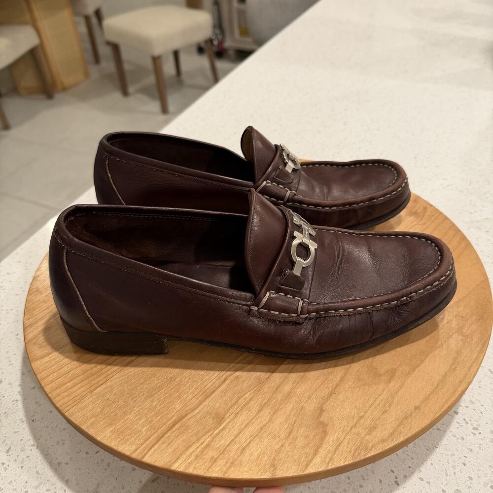Salvatore Ferragamo Shoes Men 8.5 Leather Loafers Brown Luxury Dressy Office
